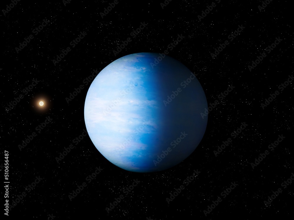Earth-like exoplanet with a star. Alien blue planet in space. Abstract background image.