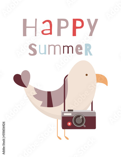 Summer Poster Funny Seagull with Camera. Vector Illustration. Kids cartoon illustration for baby clothes, greeting card, wrapper, beach party. Text Happy Summer