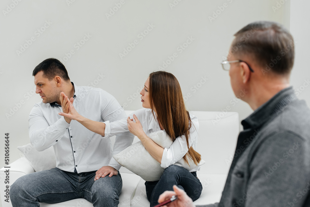 A young married couple came to an appointment and consultation with a psychotherapist. Counseling and help during depression and solving family problems. A young married couple came to an appointment and consultation with a psychotherapist. Counseling and help during depression and solving family problems.
