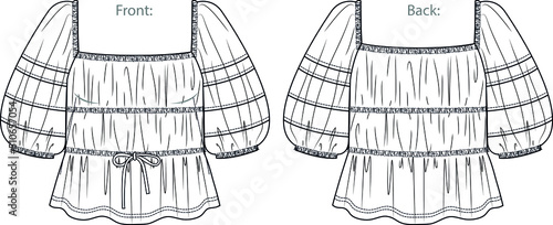 Vector long sleeved top with gathering details fashion CAD, woman cropped square neck blouse with frill details technical drawing, template, mock up, sketch. Blouse flat, front, back view, white color