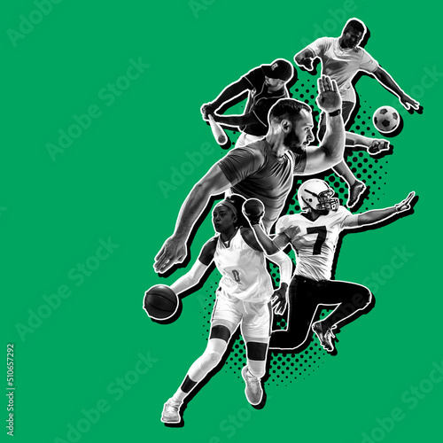 Sport collage about kickboxing, soccer, american football, basketball, ice hockey, badminton, taekwondo, tennis, rugby players. © master1305