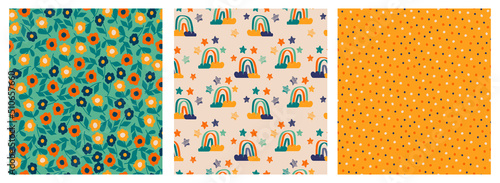 Set of seamless patterns for kids. Cute endless textures with flowers, rainbows, dots. Colorful design for paper, cover, fabric, interior decor and other users