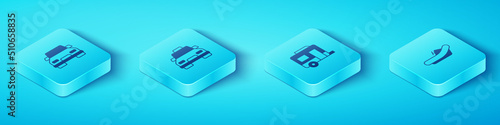 Set Isometric Car, Taxi car, Rafting boat and Rv Camping trailer icon. Vector