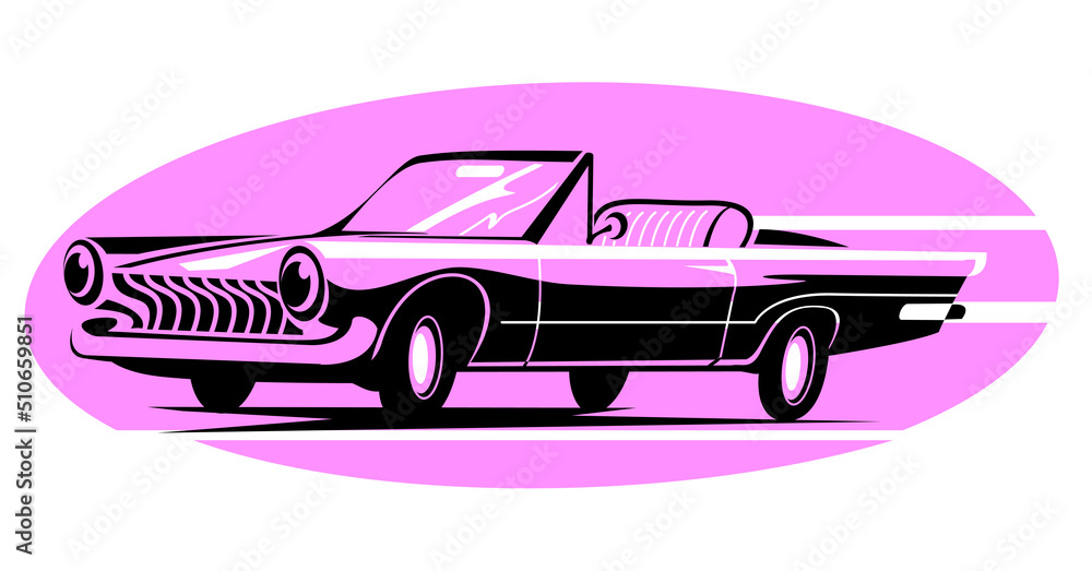 Pink mood vintage cabriole iconic car, vector illustration, vector icon of vintage car. retro  vehicle