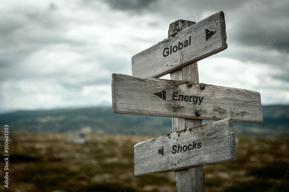 global energy shocks text quote on wooden signpost outdoors in nature. Inflation, economy and finance concept.