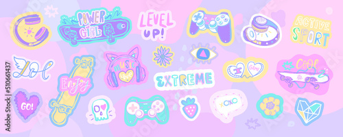 Vector pack of stickers. Bright sports illustrations with a skateboard, headphones, joysticks, lettering. Summer print design for t-shirts. Collection of trendy pins. Set of cool patches. Cool badges.