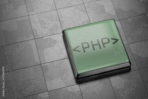 Php inscription on a monochrome screen. Php programming concept. 3d render..