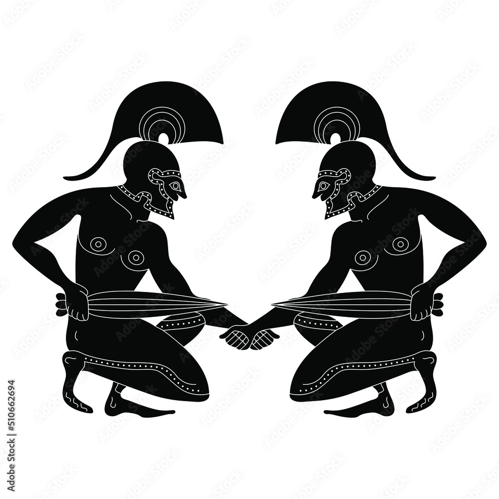 Symmetrical Design With Two Seated Ancient Greek Warriors In Helmets 