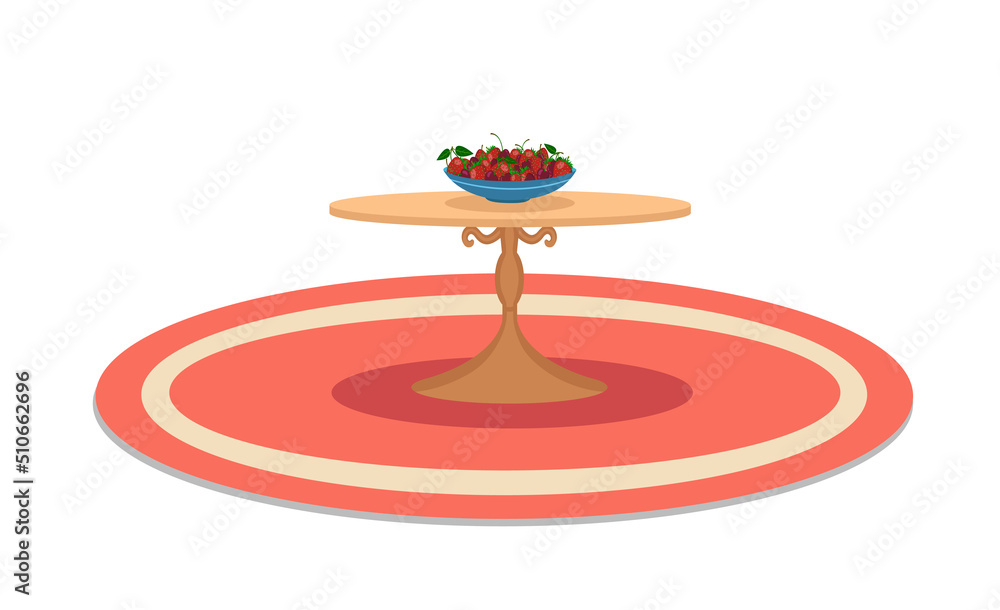 Flat interior composition. Composition from a table, a carpet and a plate with berries. Stock vector illustration isolated on white background. Flat interior composition. Composition from a table, a carpet and a plate with berries. Stock vector illustration isolated on white background.