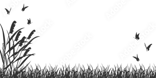 Black silhouette of landscape with wetlands. Background with grass, reeds and flying butterflies