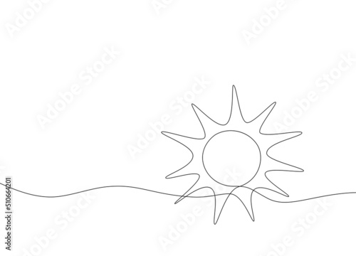 Continuous line sun art. Single line sketch sunny summer travel concept, minimalist design for print, poster. Vector illustration