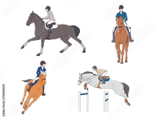 Set of images of athletes and horses, equestrian sports, dressage, show jumping