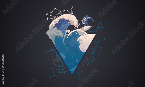 Surfer on the wave coming out of the triangle. Simple geometric graphics
