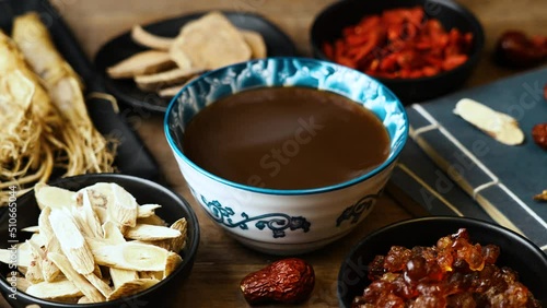 Various Chinese herbal medicines made into a bowl of Chinese medicine