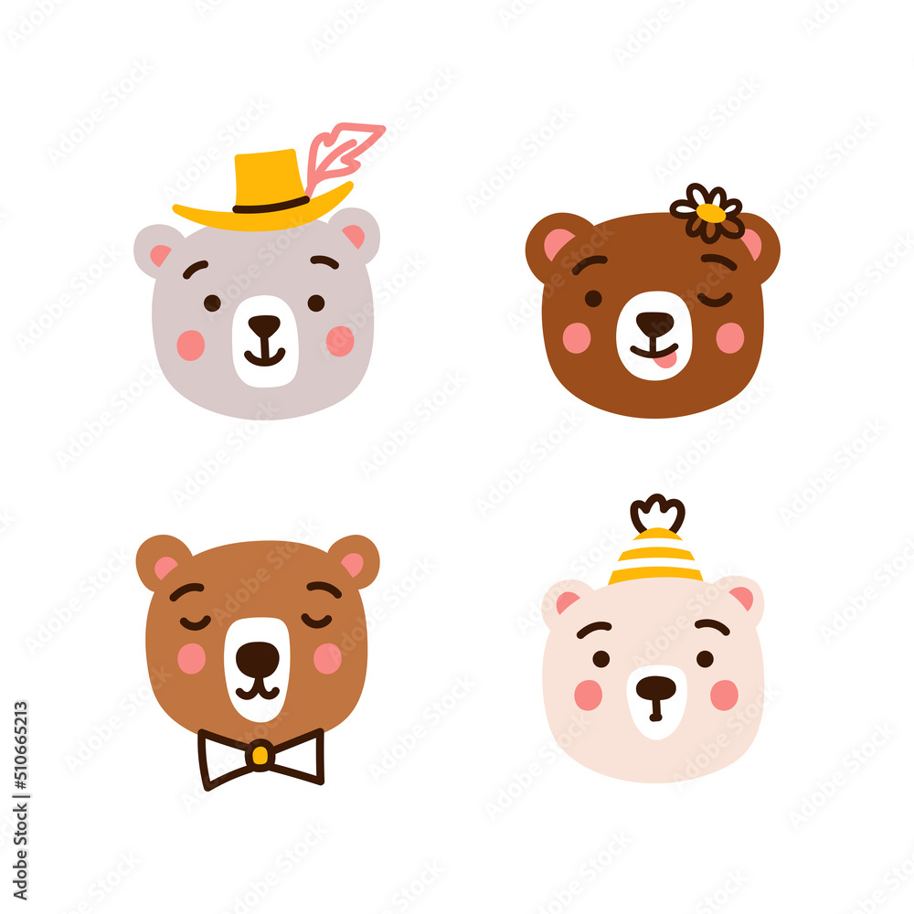 Cute little bear set. Funny baby animals heads hand drawn in doodle style and isolated on white background. Vector illustration