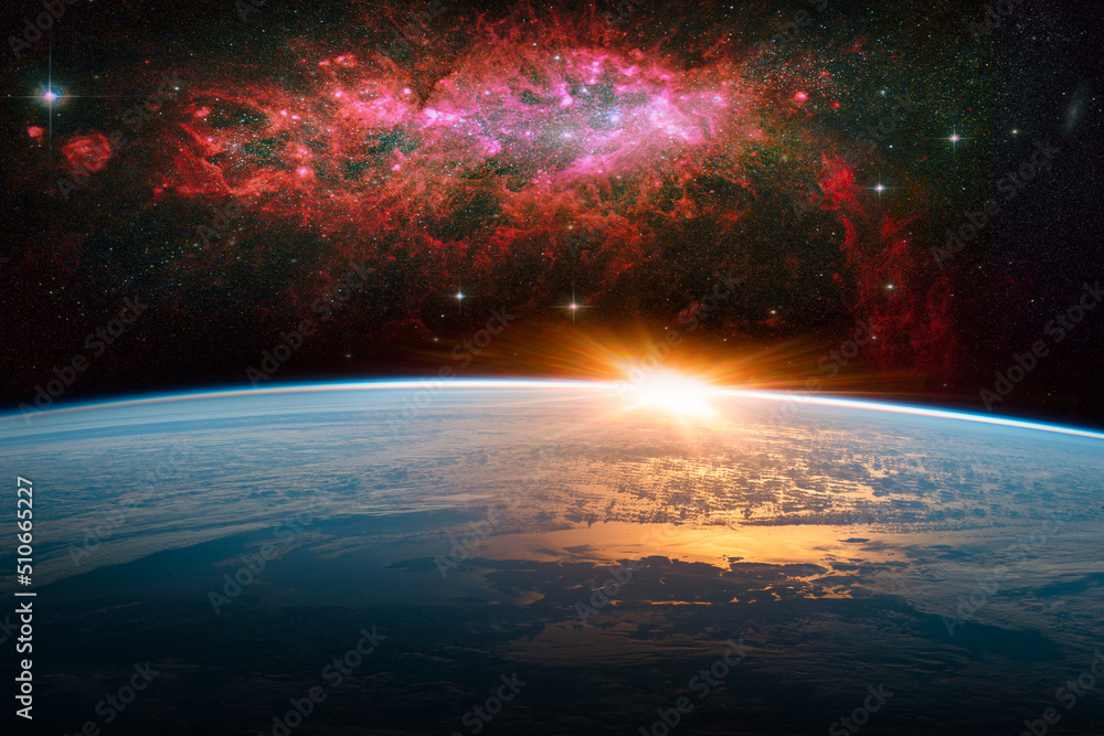 Landscape with Milky way galaxy. Sunrise and Earth view from space with Milky way galaxy. (Elements of this image furnished by NASA) Landscape with Milky way galaxy. Sunrise and Earth view from space with Milky way galaxy. (Elements of this image furnished by NASA)