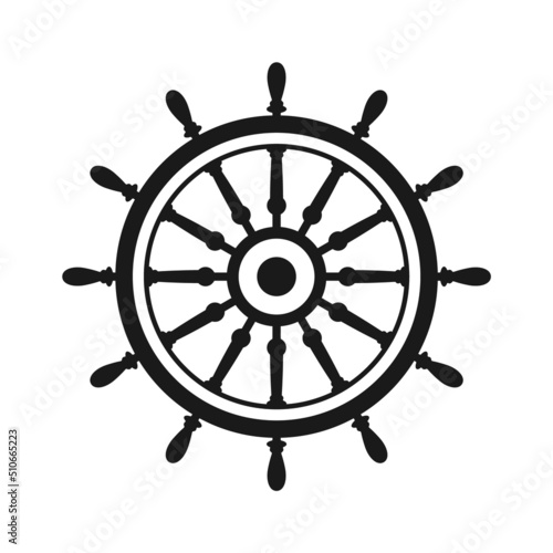 Vintage steering wheel. Ship, yacht retro wheel symbol. Nautical rudder icon. Marine design element. Vector illustration