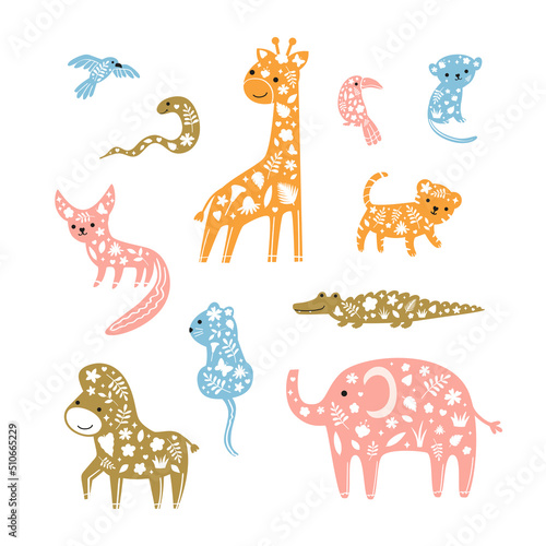 Cute decorative safari animals set. Baby giraffe  zebra  elephant  monkey  fennec fox  crocodile  tiger hand drawn in doodle style isolated on white background. Vector illustration for kids textile
