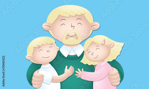 Vector illustration of happy children hugging dad