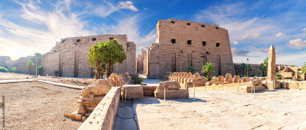 Avenue of ram-headed Sphinxes at the main entrance of Karnak Temple, Luxor, Egypt