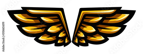 Golden wings illustration. Gold feathers logo. Heraldic emblem.