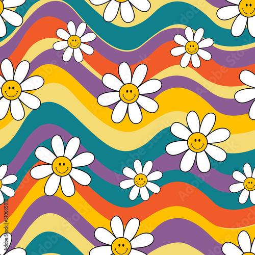retro seamless pattern with funny smiley flowers 