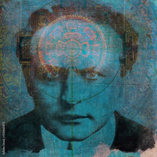 Public domain photo of Henry Houdini mixed media art work with a mandala mind. Illuminated Houdini.