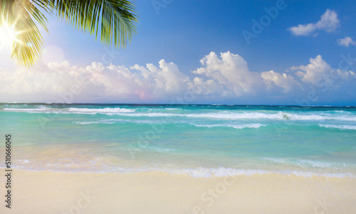 Fototapeta Naklejka Na Ścianę i Meble -  Art beautiful summer tropical holiday background; suny sandy beach, palm tree and sunset sea sky