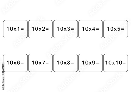 Multiplication and division table of 10. Maths card with an example, drawing. Multiplication Square, vector illustration. Printed products, banner, table for children, schoolchildren. School education