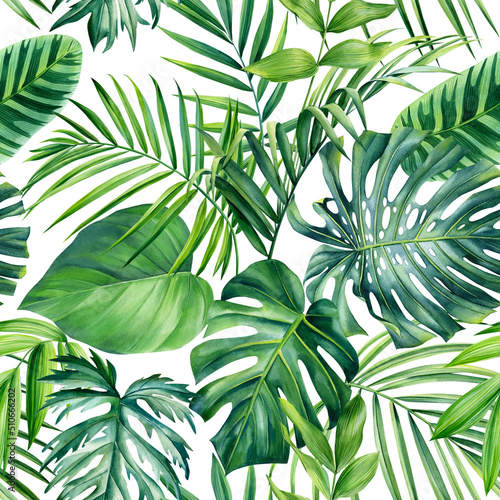 Tropical green leaves, Watercolor floral Seamless patterns. pattern