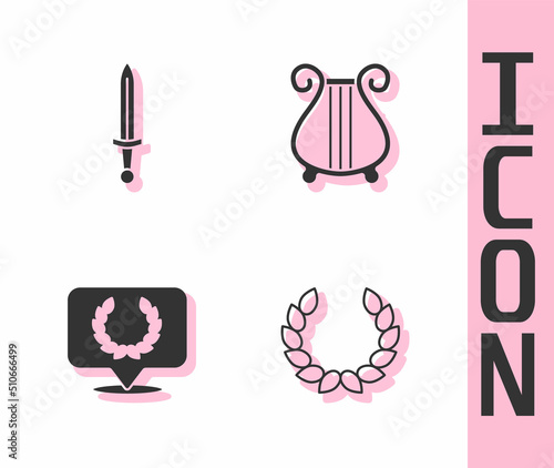 Set Laurel wreath, Medieval sword, and Ancient lyre icon. Vector