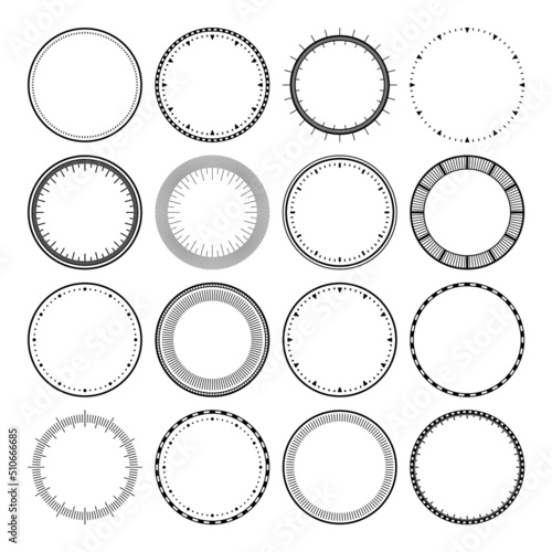 Mechanical clock faces, bezel. Watch dial with minute and hour marks. Timer or stopwatch element. Blank measuring circle scale with divisions. Vector illustration.