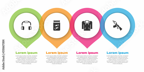 Set Headphones, Evidence bag with bullet, Hoodie and Submachine gun. Business infographic template. Vector