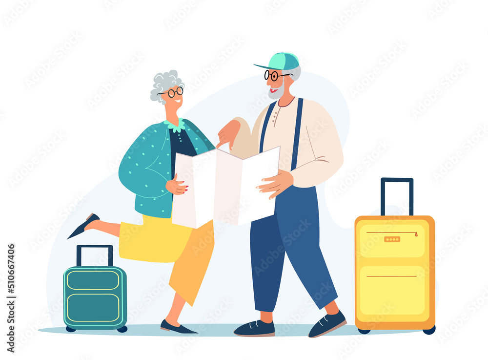 Aged Persons in Voyage Abroad.Senior Tourist Couple Characters , Luggage Suitcase.Watching Map in City Trip,Elderly People Traveling Searching Right Way in Foreign Country.Cartoon Vector Illustration