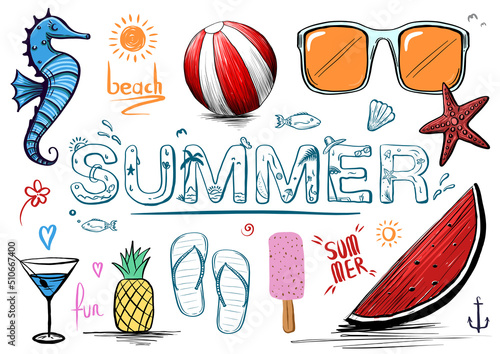 Summer and beach icons vector set with hand drawn foods, drinks and vacation objects. 