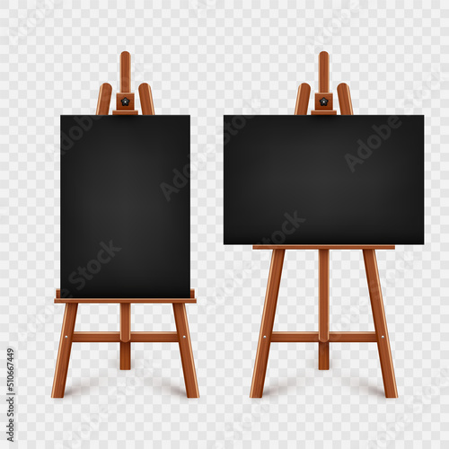 Realistic paint desk with blank black canvas. Wooden easel and a sheet of drawing paper. Presentation board on a tripod. Artwork mockup, template. Vector illustration