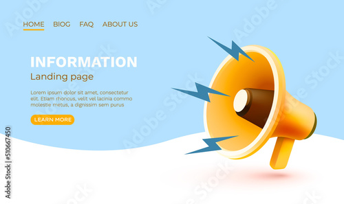 Megaphone landing page banner information, business communication. Vector