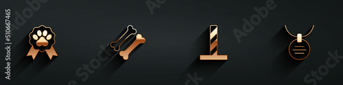 Set Pet award symbol, Dog bone, Cat scratching post with toy and Collar name tag icon with long shadow. Vector