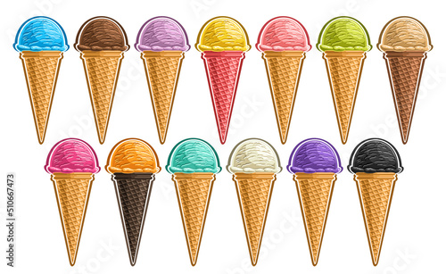 Vector Ice Cream Set, lot collection of cut out different illustrations of refreshing scoop ball ice creams, icon set of colorful cold soft icecreams in waffle cones on white background