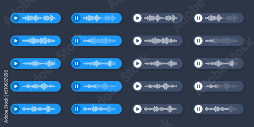 Voice, audio message, speech bubble. SMS text frame. Social media chat or messaging app conversation. Voice assistant, recorder. Sound wave pattern. Dark mode. Vector illustration