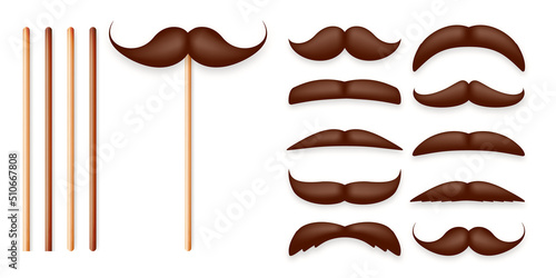 Realistic fake mustache on a wooden stick. Vintage paper mustache for carnival or holiday. Various brown facial hair, fashionable hipster beard. Vector illustration
