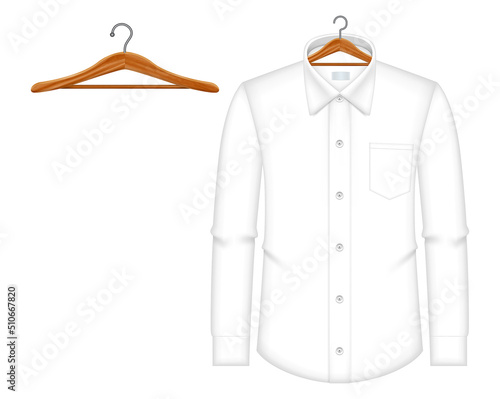 set of realistic man white suit isolated or white formal shirt wooden hanger with various hanger. eps vector
