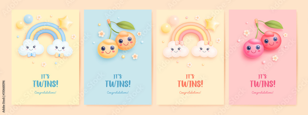 Baby shower invitation with cartoon rainbow, clouds, berries, helium balloons and flowers on colorful background. It's twins. Vector illustration