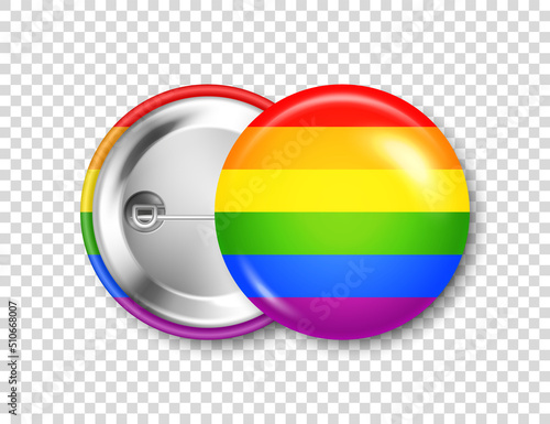 Realistic colorful badge with LGBTQ rainbow flag. Lesbian, gay, bisexual, transgender love symbol, pride month. 3D glossy round button. Pin badge mockup. Vector illustration