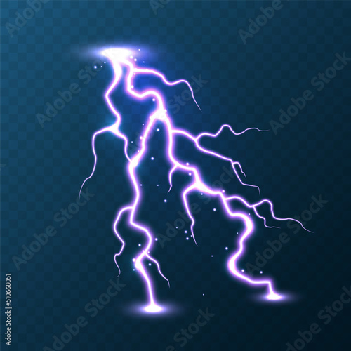 Realistic colorful lightning on blue background. Thunderstorm and lightning bolt. Sparks of light. Stormy weather effect. Vector illustration