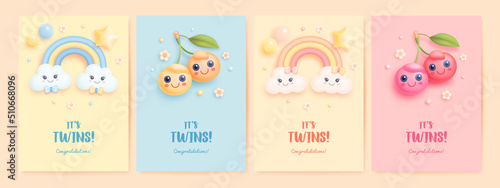 Baby shower invitation with cartoon rainbow, clouds, berries, helium balloons and flowers on colorful background. It's twins. Vector illustration