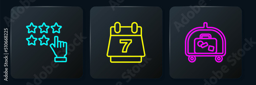 Set line Stars rating, Hotel luggage cart and booking calendar. Black square button. Vector