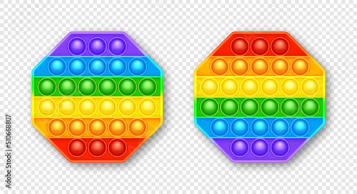 Colorful silicone anti-stress pop it toy. Trendy sensory game for children. Rainbow push pop fidget toy with brightly colored popping bubbles. Vector illustration