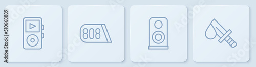 Set line Music player, Stereo speaker, Drum machine music and Bloody knife. White square button. Vector