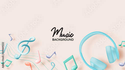 Music notes and headphones with melody or tune 3d realistic